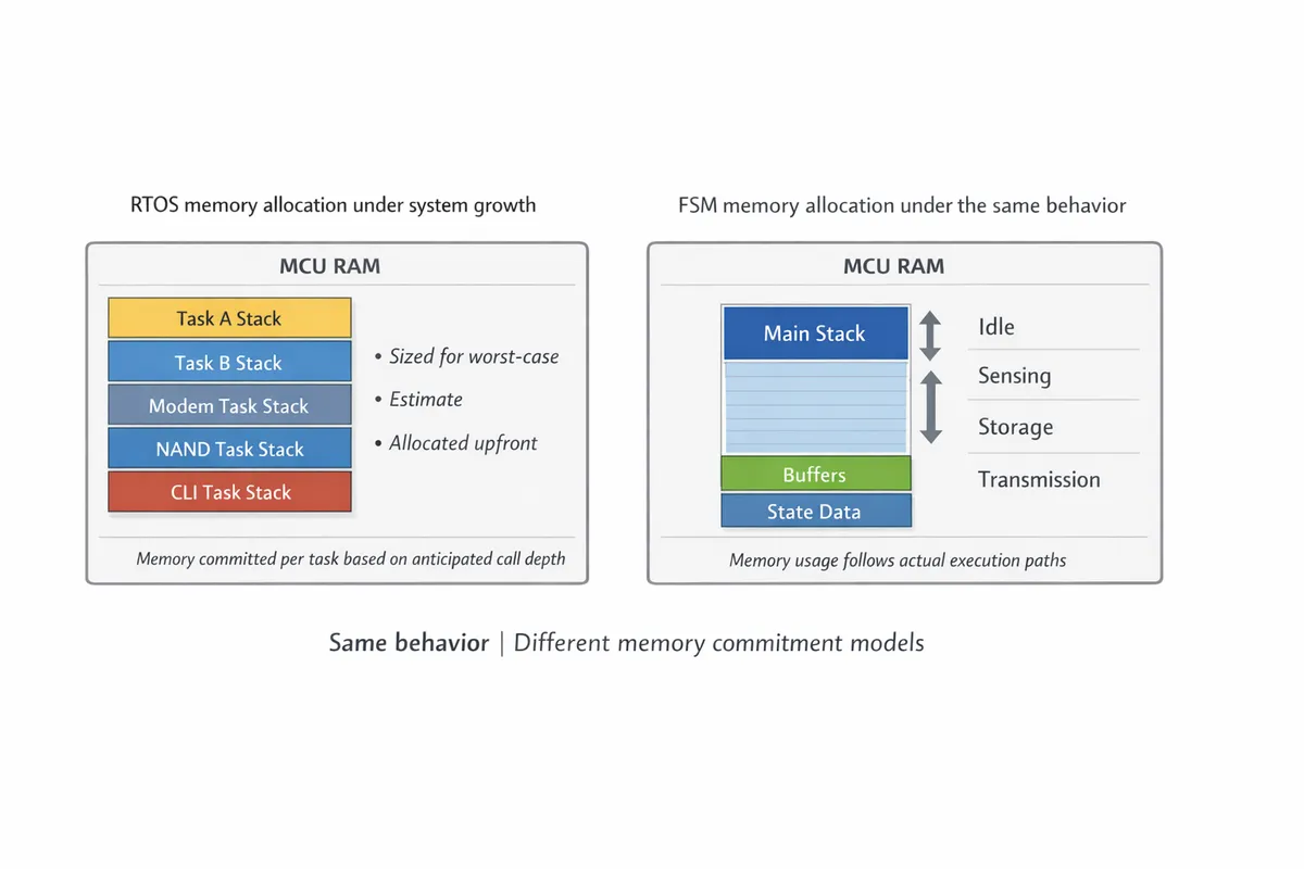 Side-by-side diagram comparing RTOS task stacks versus a single-stack FSM memory model